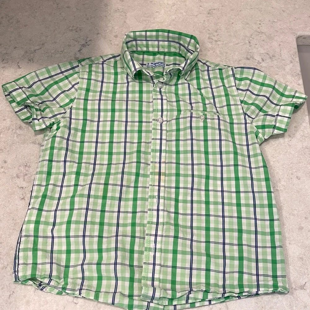 Mayoral Green blue and white Plaid button down ,size 5